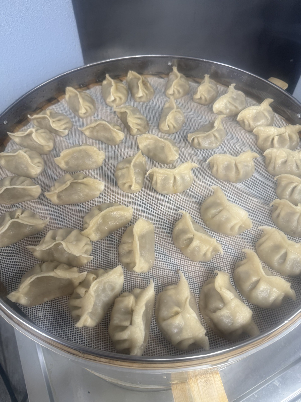 A combination platter of hand-folded dumplings and bao buns on a serving tray